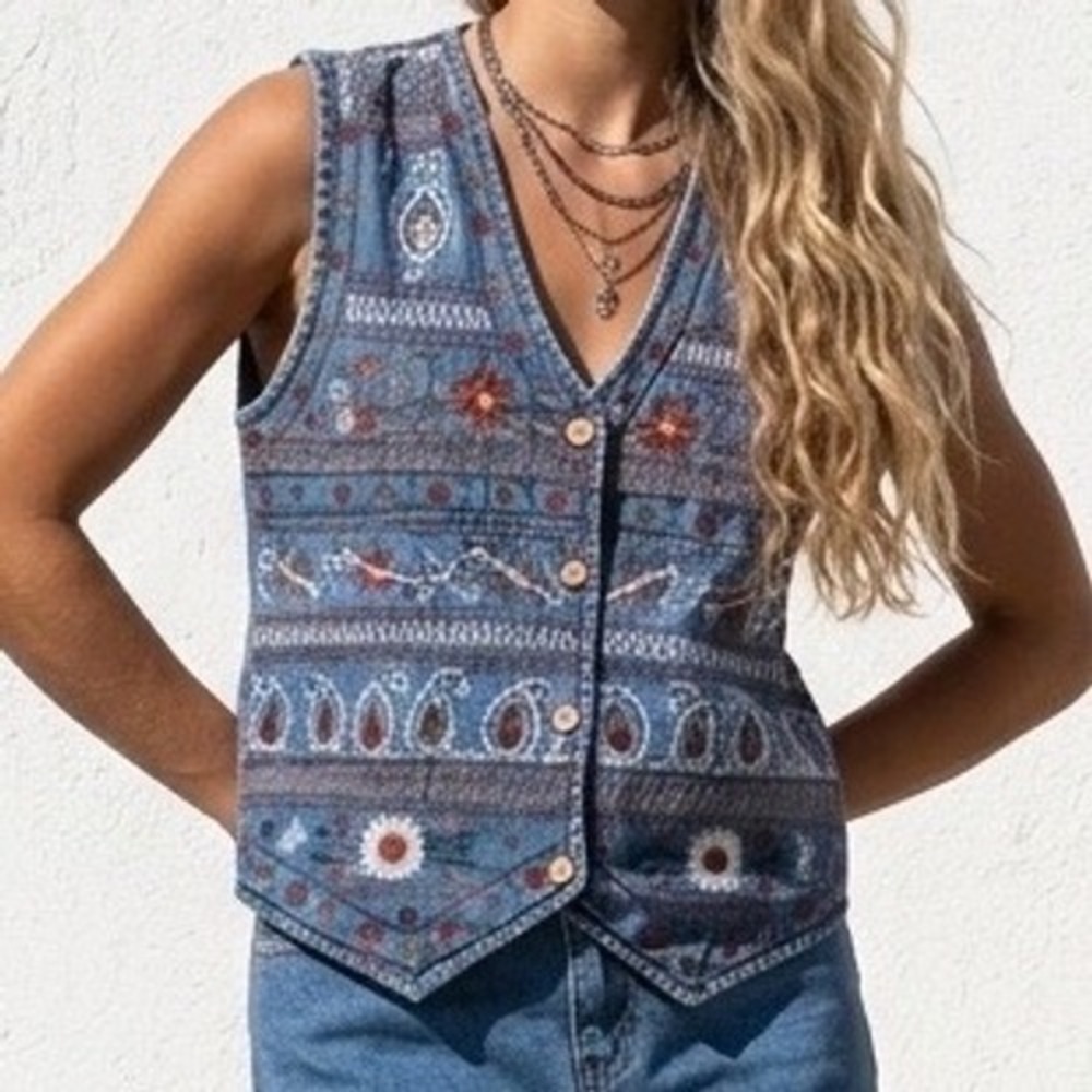 Keren Hart Vintage Denim Embroidered Floral Paisley Boho Vest Blue Small Western